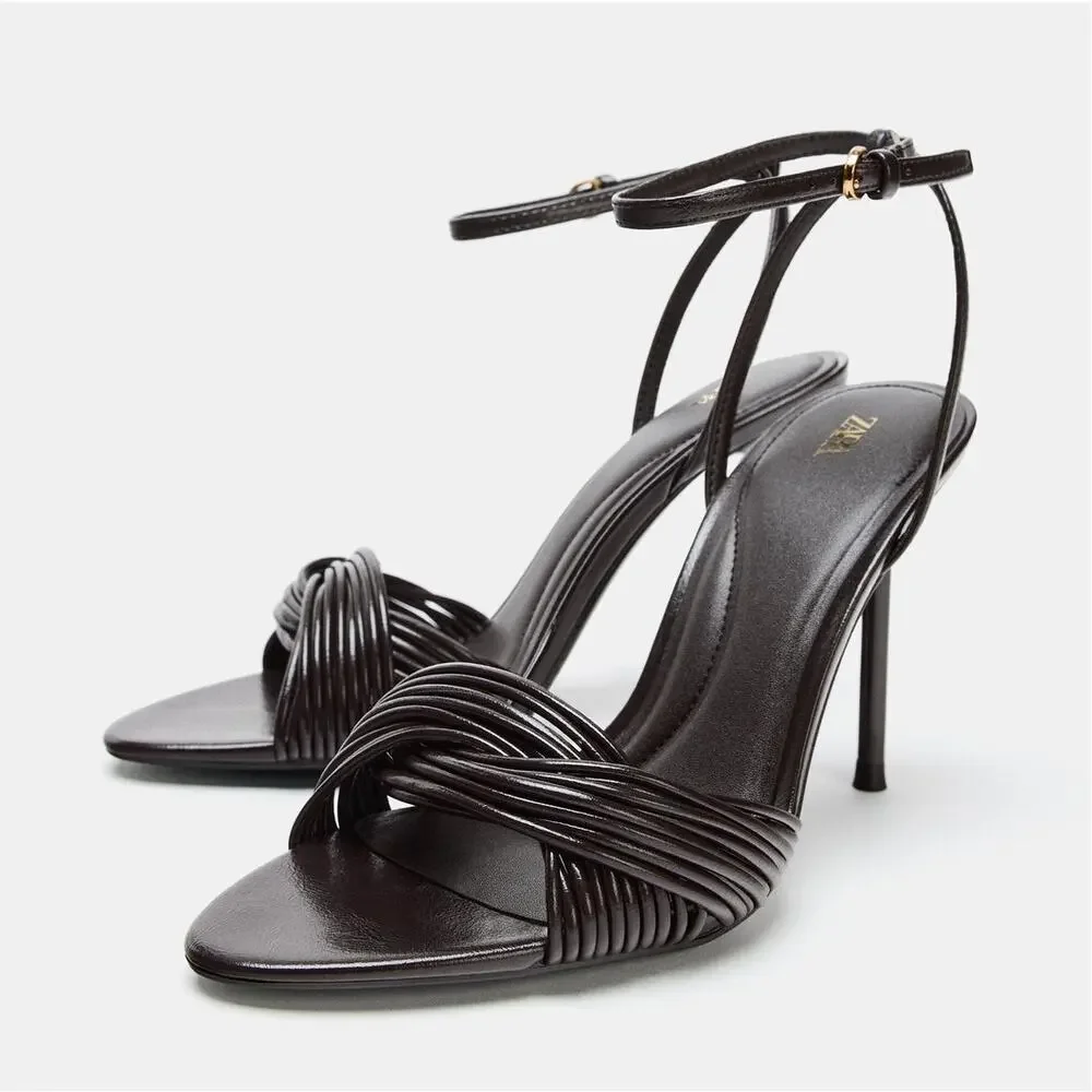 Zara NWT Brown Crisscross Ankle Strap Stiletto Sandals 7.5